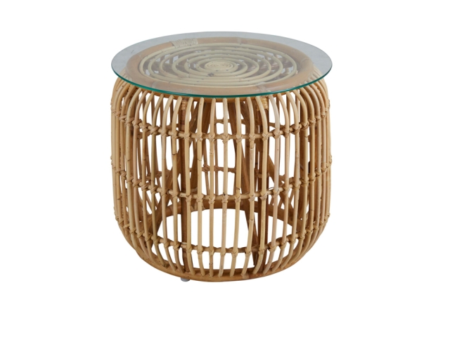 Brafab Vallda Beistelltisch rund 49x43cm aus Naturrattan mit Glasplatte